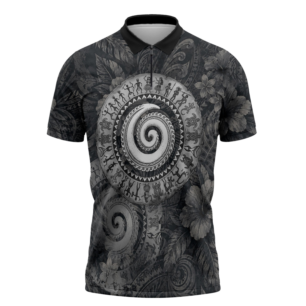 Hawaiian Piko Zipper Polo Shirt Cultural Anchor Connect Your Roots Ocean Waves TS04 Black Grey - Polynesian Pride
