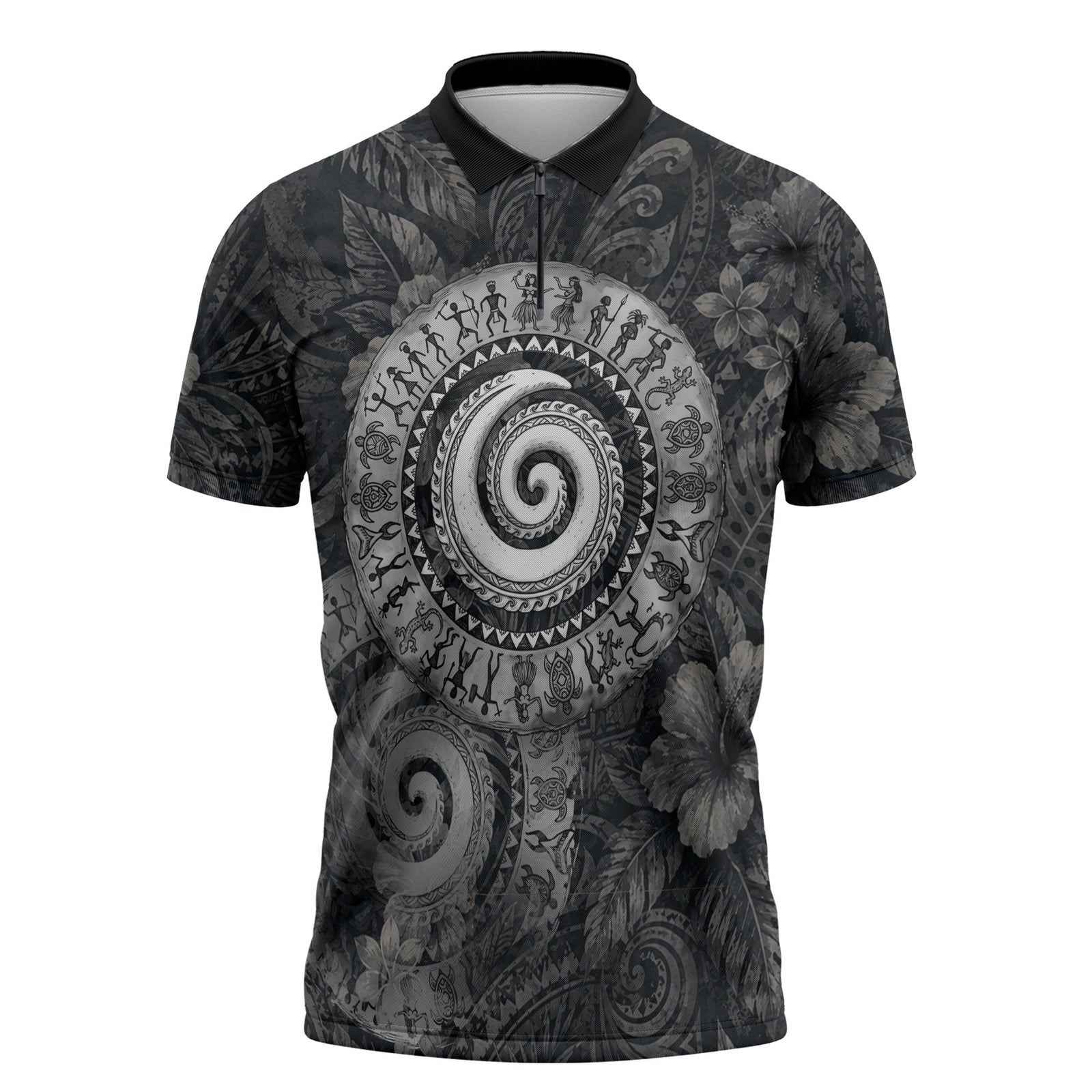 Hawaiian Piko Zipper Polo Shirt Cultural Anchor Connect Your Roots Ocean Waves TS04 Black Grey - Polynesian Pride