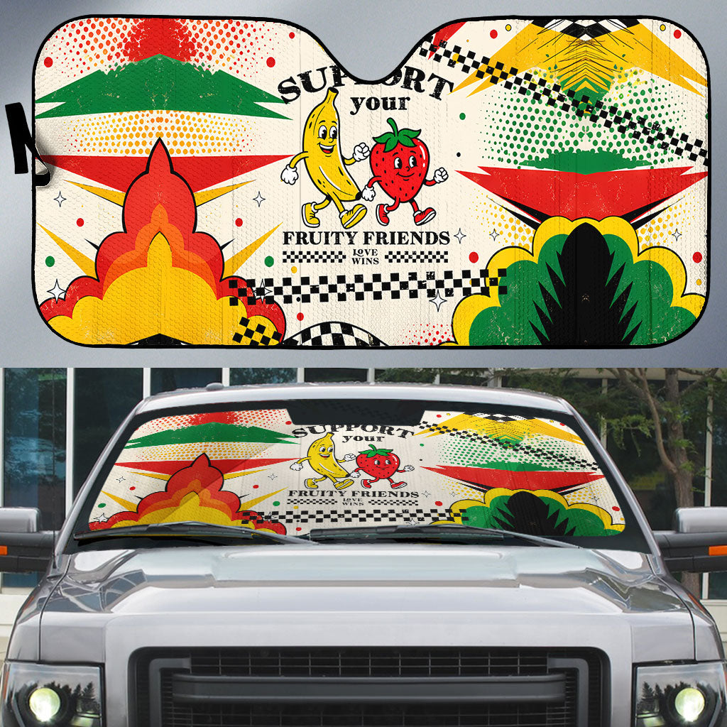 Support Your Fruity Friends Love Wins Gay Pride Auto Sun Shade LGBTQ Retro 30s Cartoon Checkered TS04 White Yellow - Polynesian Pride