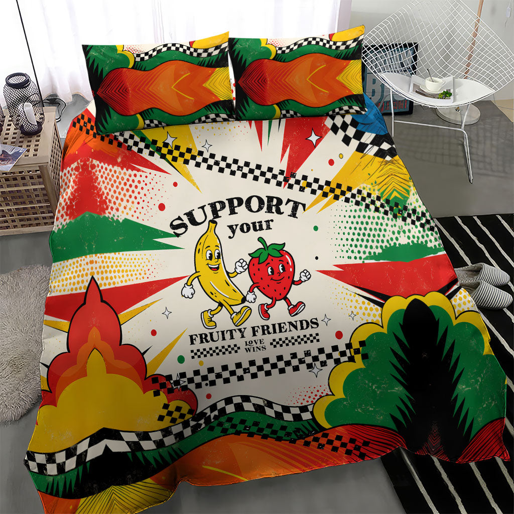 Support Your Fruity Friends Love Wins Gay Pride Bedding Set LGBTQ Retro 30s Cartoon Checkered