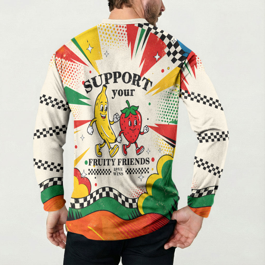 Support Your Fruity Friends Love Wins Gay Pride Button Sweatshirt LGBTQ Retro 30s Cartoon Checkered