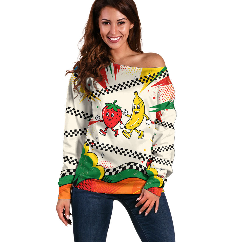 Support Your Fruity Friends Love Wins Gay Pride Off Shoulder Sweater LGBTQ Retro 30s Cartoon Checkered TS04 Women White Yellow - Polynesian Pride