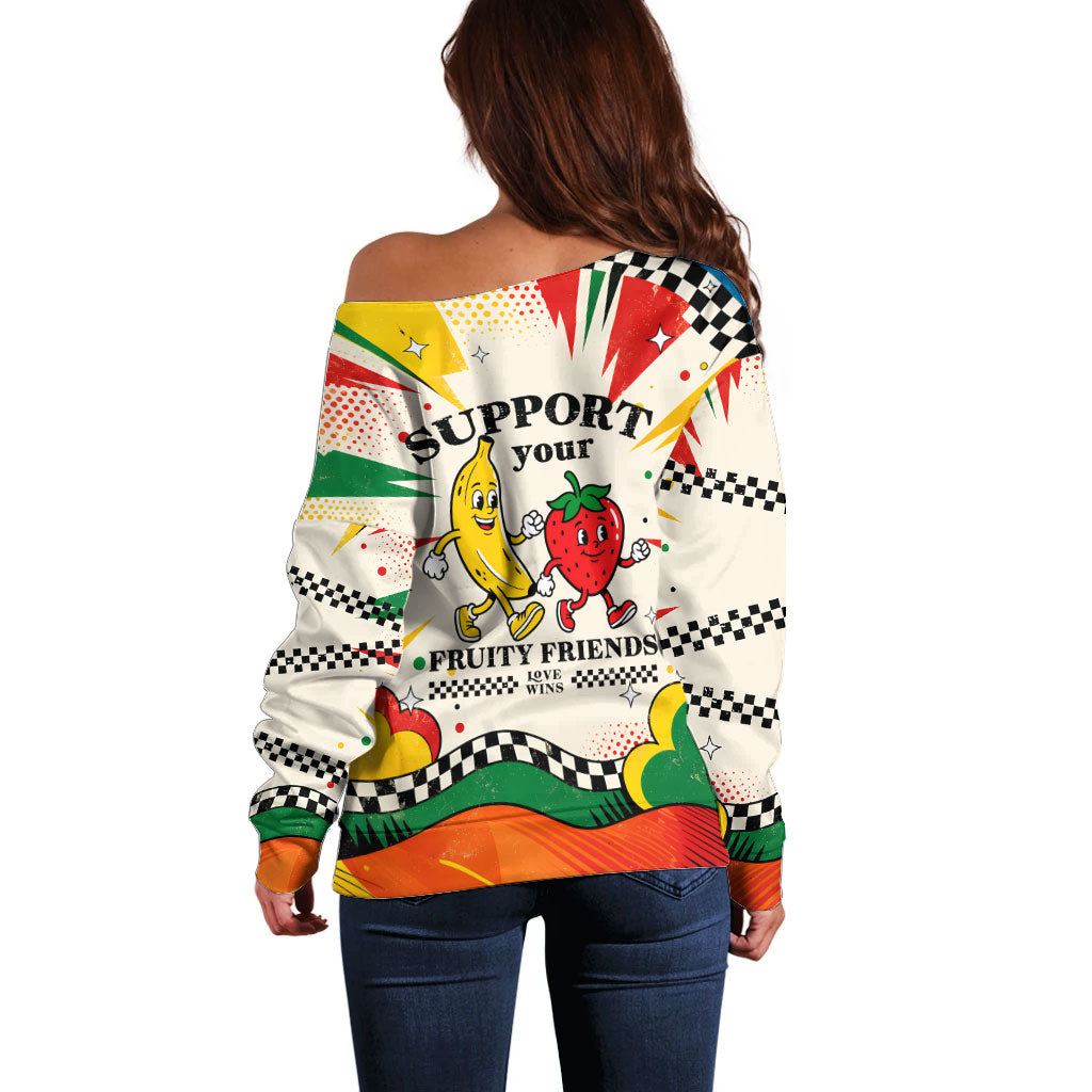 Support Your Fruity Friends Love Wins Gay Pride Off Shoulder Sweater LGBTQ Retro 30s Cartoon Checkered TS04 - Polynesian Pride