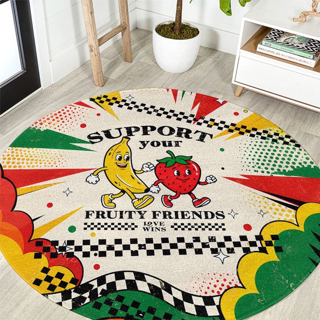 Support Your Fruity Friends Love Wins Gay Pride Round Carpet LGBTQ Retro 30s Cartoon Checkered TS04 White Yellow - Polynesian Pride