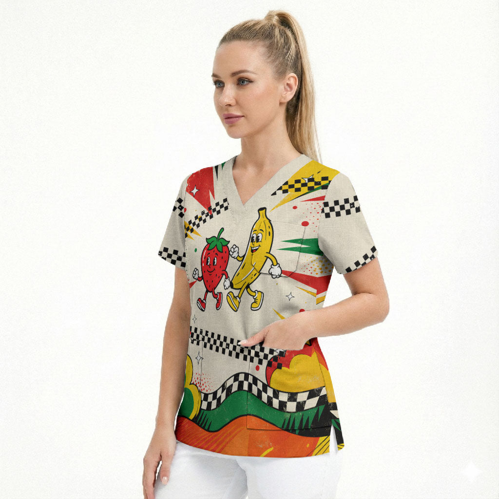 Support Your Fruity Friends Love Wins Gay Pride Scrub Top LGBTQ Retro 30s Cartoon Checkered