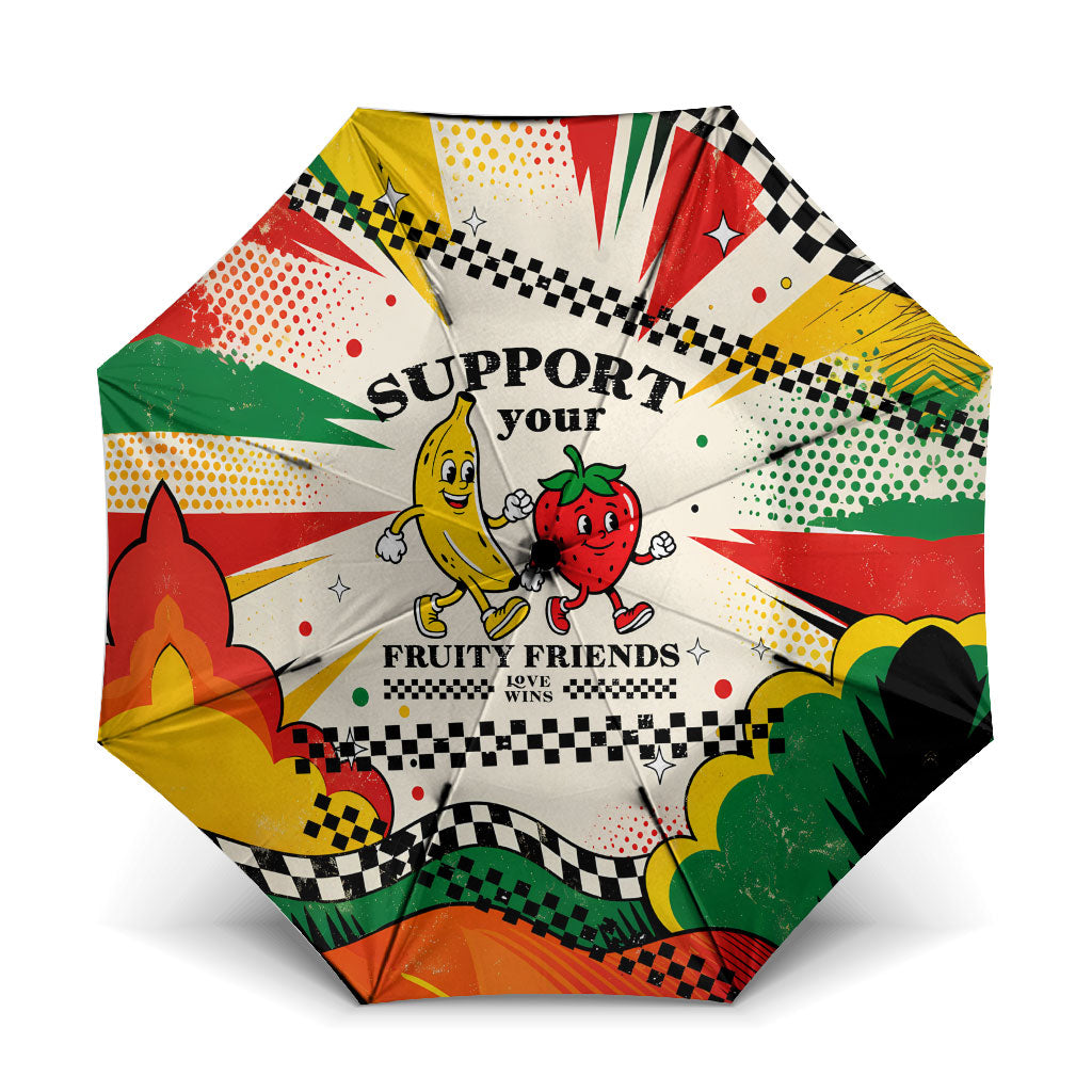 Support Your Fruity Friends Love Wins Gay Pride Umbrella LGBTQ Retro 30s Cartoon Checkered TS04 One Size Folded 11.42 inch Opened Diameter 37.4 inch White Yellow - Polynesian Pride