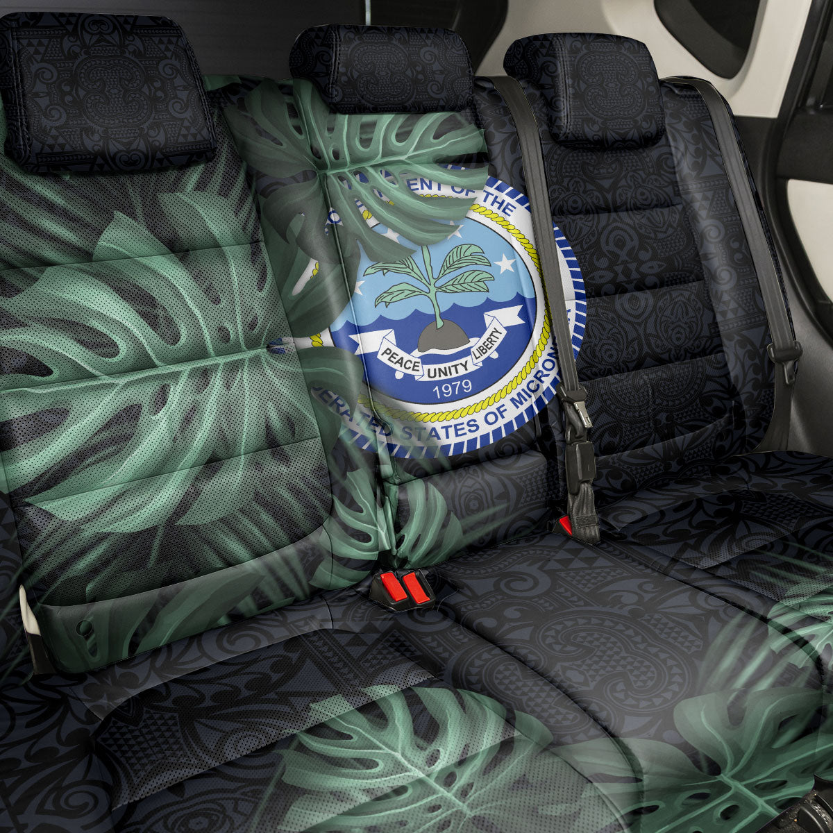 Federated States Of Micronesia Back Car Seat Cover FSM Tropical Monstera Leaf Dark Tribal Pattern TS04 - Polynesian Pride