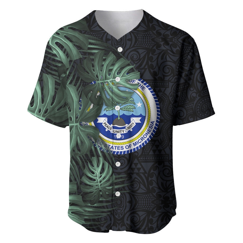 Federated States Of Micronesia Baseball Jersey FSM Tropical Monstera Leaf Dark Tribal Pattern TS04 Black Green - Polynesian Pride