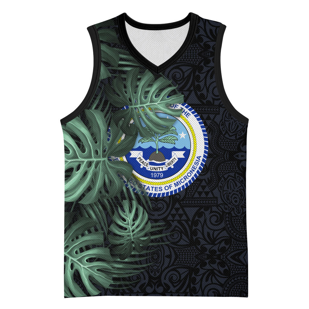 Federated States Of Micronesia Basketball Jersey FSM Tropical Monstera Leaf Dark Tribal Pattern TS04 Unisex Black Green - Polynesian Pride