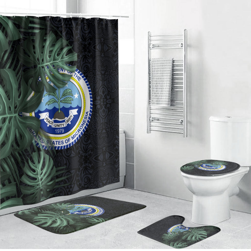 Federated States Of Micronesia Bathroom Set FSM Tropical Monstera Leaf Dark Tribal Pattern TS04 Bathroom Set (4 pcs) Black Green - Polynesian Pride