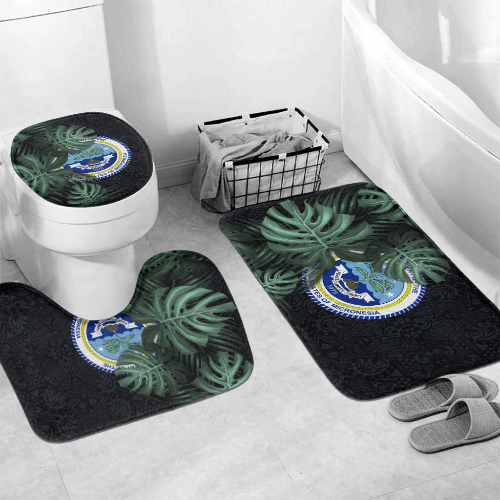 Federated States Of Micronesia Bathroom Set FSM Tropical Monstera Leaf Dark Tribal Pattern TS04 Mat Set Only (3 pcs) One Size Black Green - Polynesian Pride