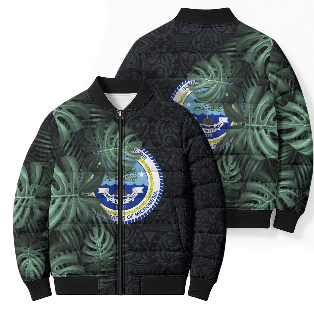 Federated States Of Micronesia Bomber Puffer Jacket FSM Tropical Monstera Leaf Dark Tribal Pattern TS04 - Polynesian Pride