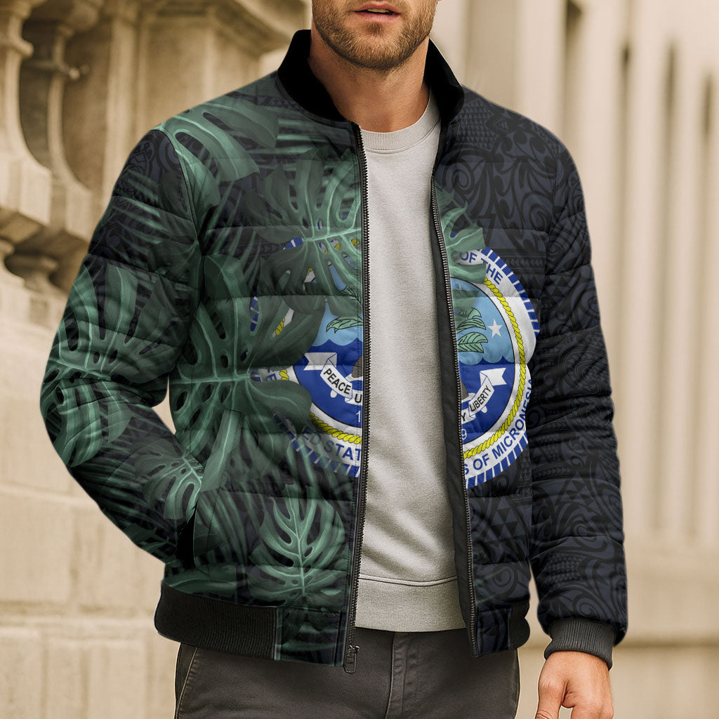 Federated States Of Micronesia Bomber Puffer Jacket FSM Tropical Monstera Leaf Dark Tribal Pattern TS04 - Polynesian Pride
