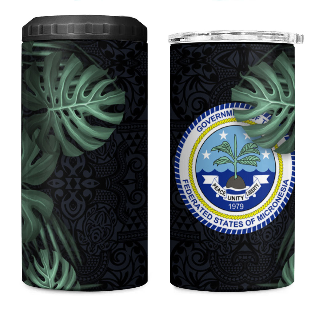 Federated States Of Micronesia 4 in 1 Can Cooler Tumbler FSM Tropical Monstera Leaf Dark Tribal Pattern TS04 One Size: 16 oz Black Green - Polynesian Pride