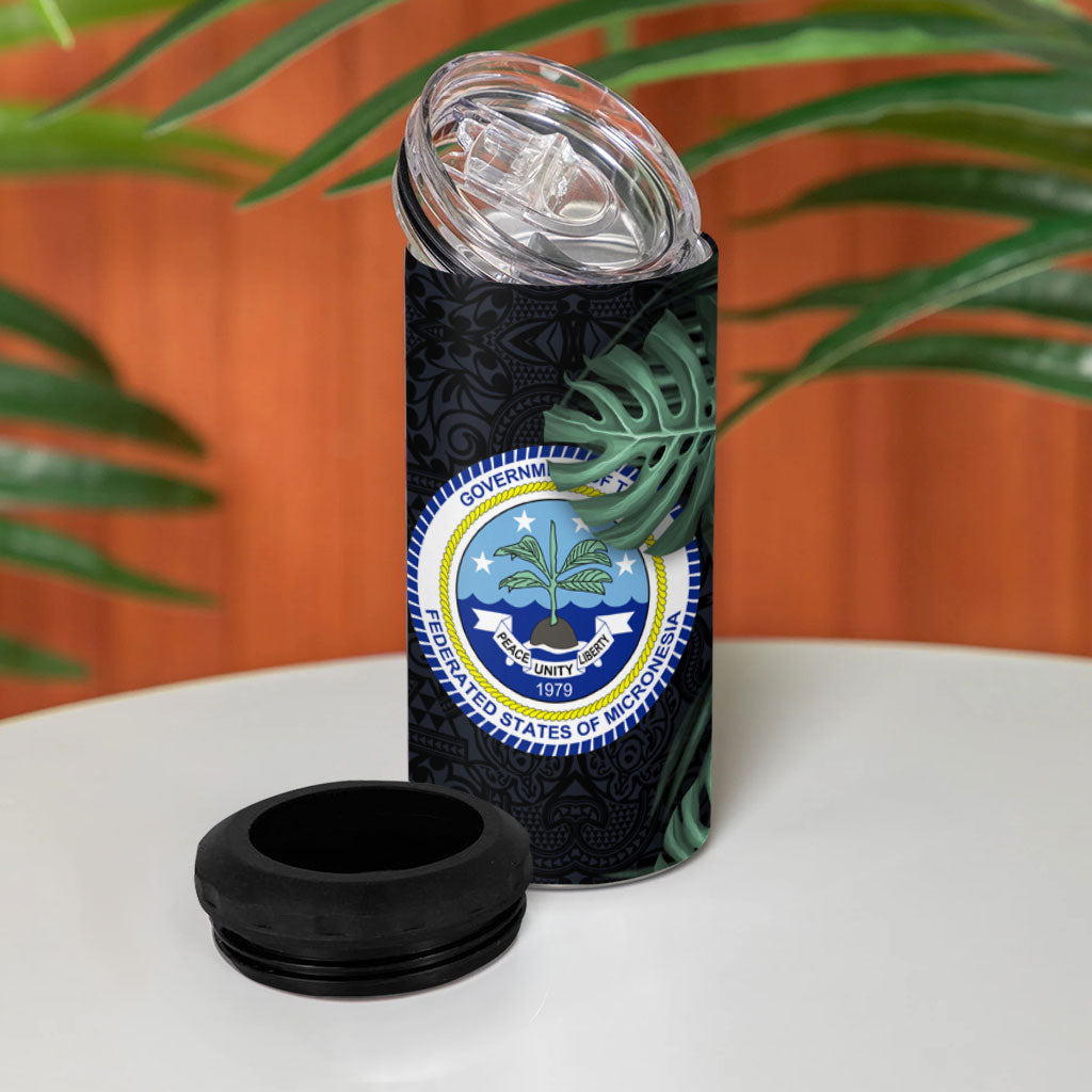 Federated States Of Micronesia 4 in 1 Can Cooler Tumbler FSM Tropical Monstera Leaf Dark Tribal Pattern TS04 - Polynesian Pride