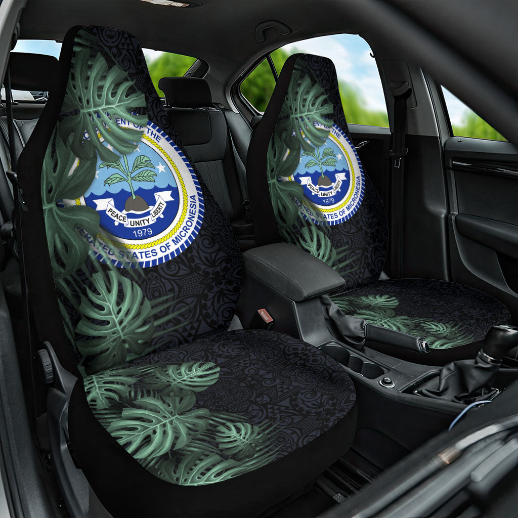 Federated States Of Micronesia Car Seat Cover FSM Tropical Monstera Leaf Dark Tribal Pattern TS04 One Size Black Green - Polynesian Pride