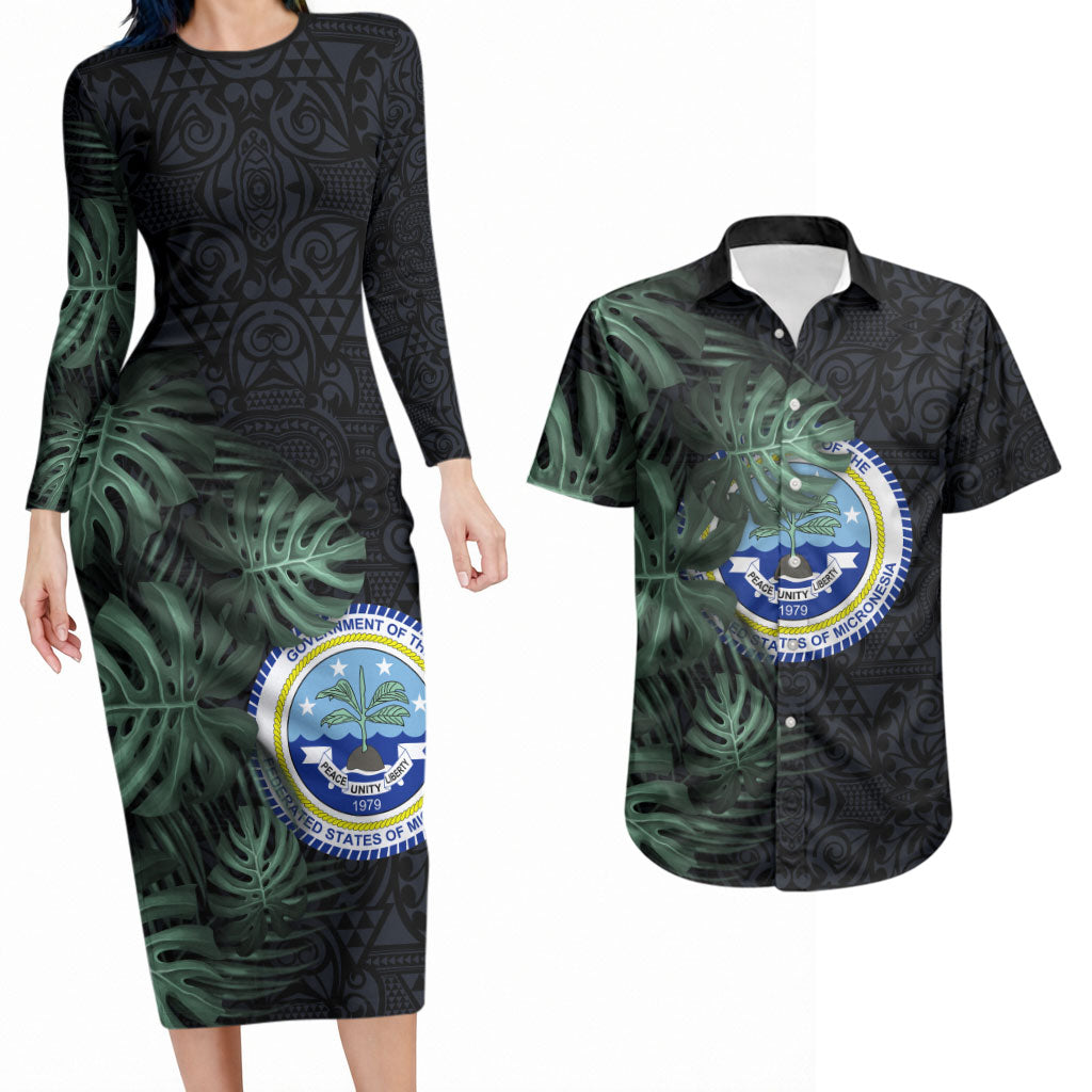Federated States Of Micronesia Couples Matching Long Sleeve Bodycon Dress and Hawaiian Shirt FSM Tropical Monstera Leaf Dark Tribal Pattern TS04 Black Green - Polynesian Pride