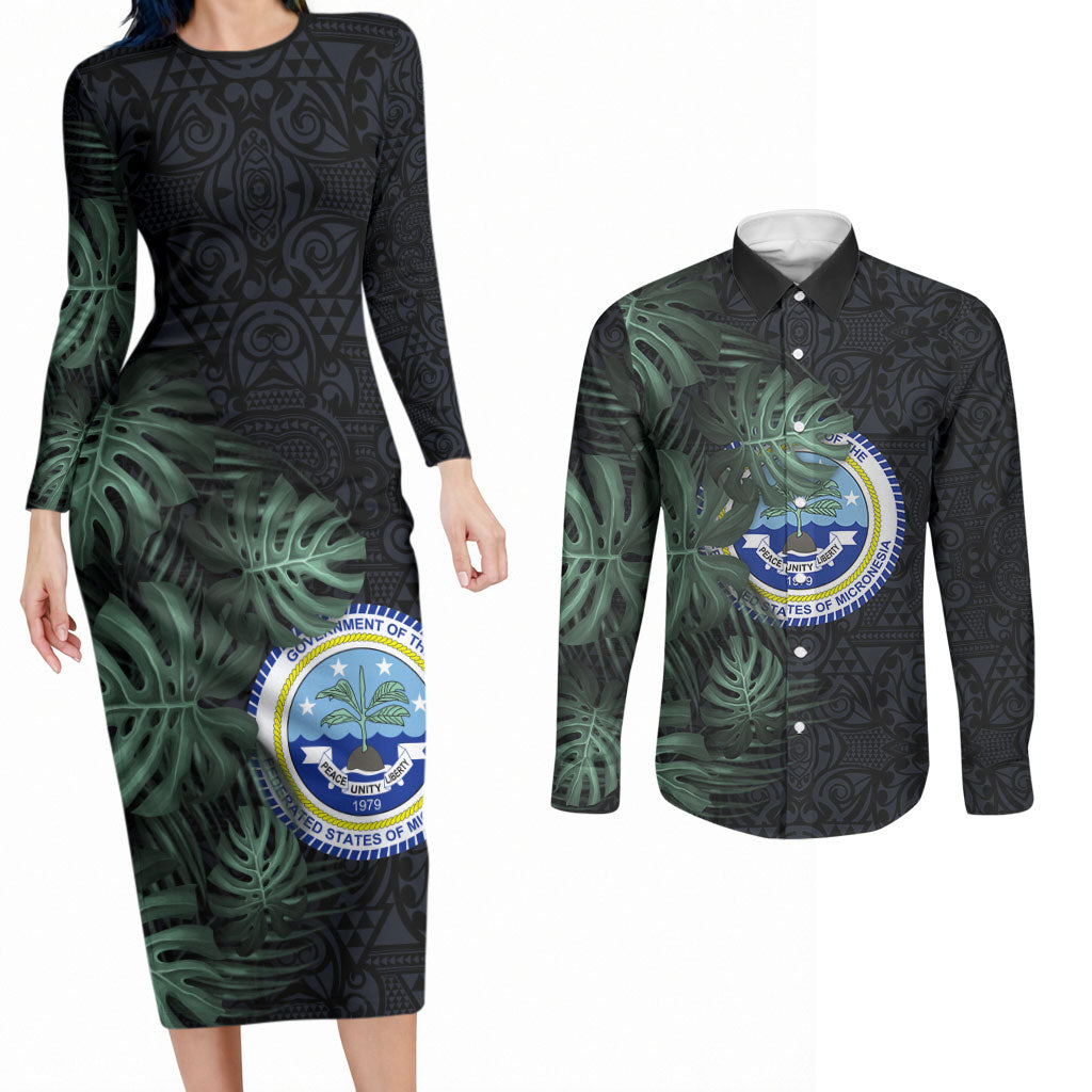 Federated States Of Micronesia Couples Matching Long Sleeve Bodycon Dress and Long Sleeve Button Shirt FSM Tropical Monstera Leaf Dark Tribal Pattern TS04 Black Green - Polynesian Pride