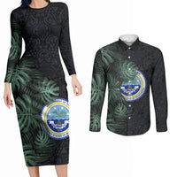 Federated States Of Micronesia Couples Matching Long Sleeve Bodycon Dress and Long Sleeve Button Shirt FSM Tropical Monstera Leaf Dark Tribal Pattern TS04 Black Green - Polynesian Pride