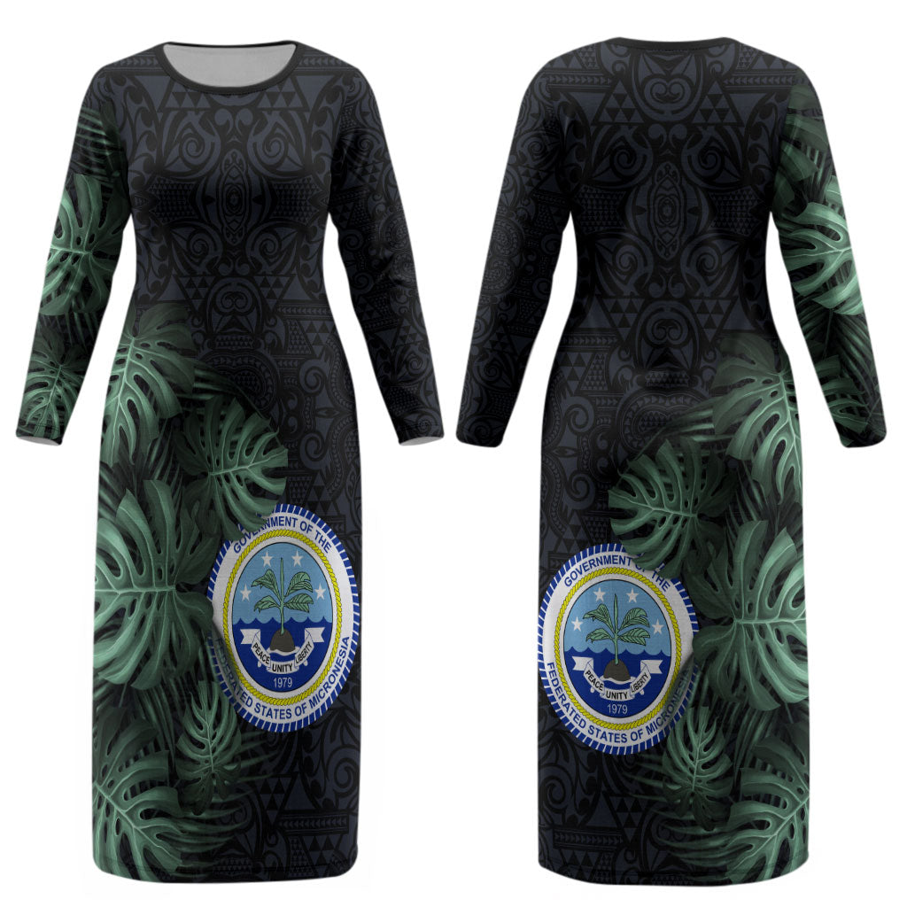 Federated States Of Micronesia Couples Matching Long Sleeve Bodycon Dress and Long Sleeve Button Shirt FSM Tropical Monstera Leaf Dark Tribal Pattern TS04 - Polynesian Pride