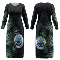 Federated States Of Micronesia Couples Matching Long Sleeve Bodycon Dress and Long Sleeve Button Shirt FSM Tropical Monstera Leaf Dark Tribal Pattern TS04 - Polynesian Pride