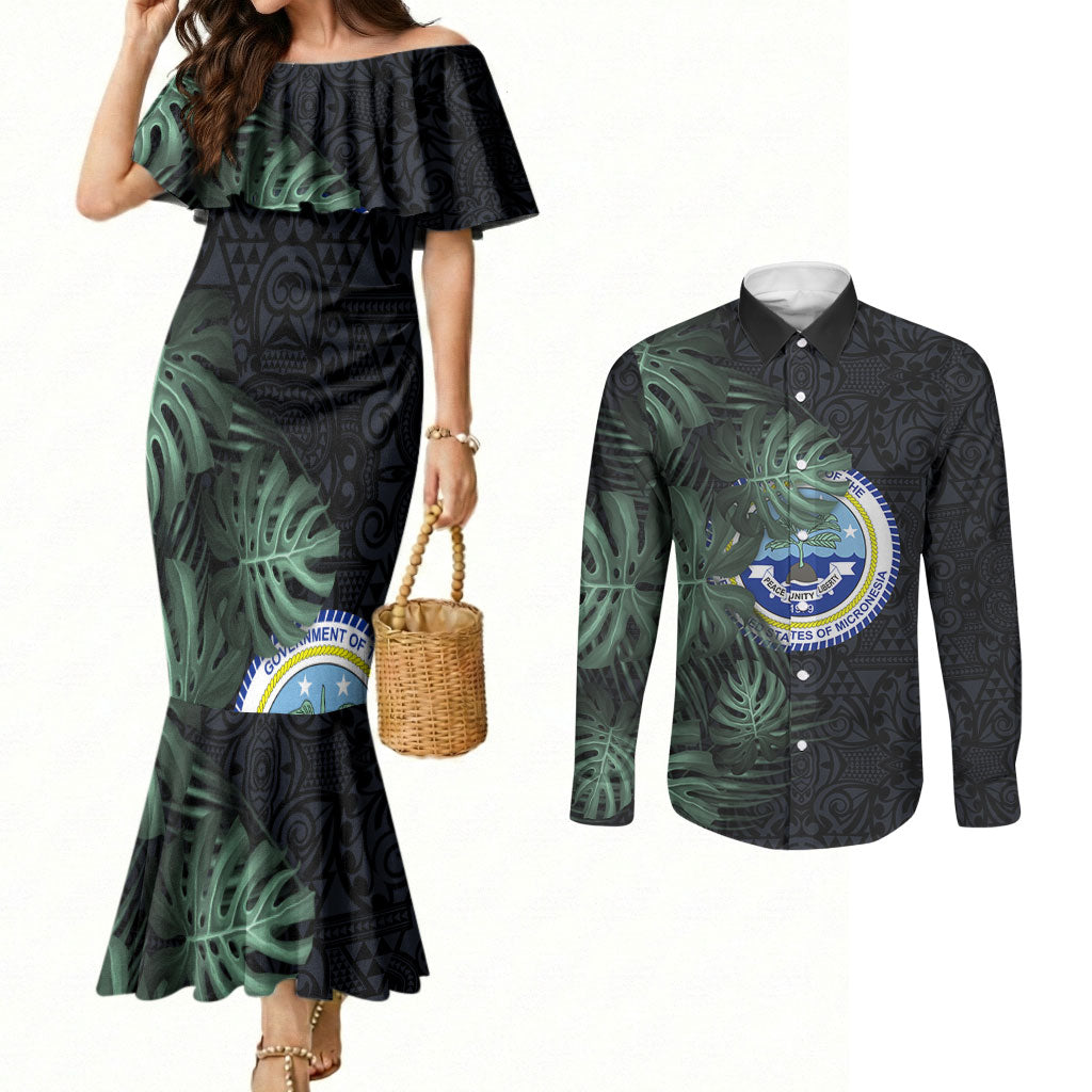 Federated States Of Micronesia Couples Matching Mermaid Dress and Long Sleeve Button Shirt FSM Tropical Monstera Leaf Dark Tribal Pattern TS04 Black Green - Polynesian Pride