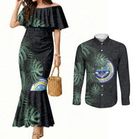 Federated States Of Micronesia Couples Matching Mermaid Dress and Long Sleeve Button Shirt FSM Tropical Monstera Leaf Dark Tribal Pattern TS04 Black Green - Polynesian Pride