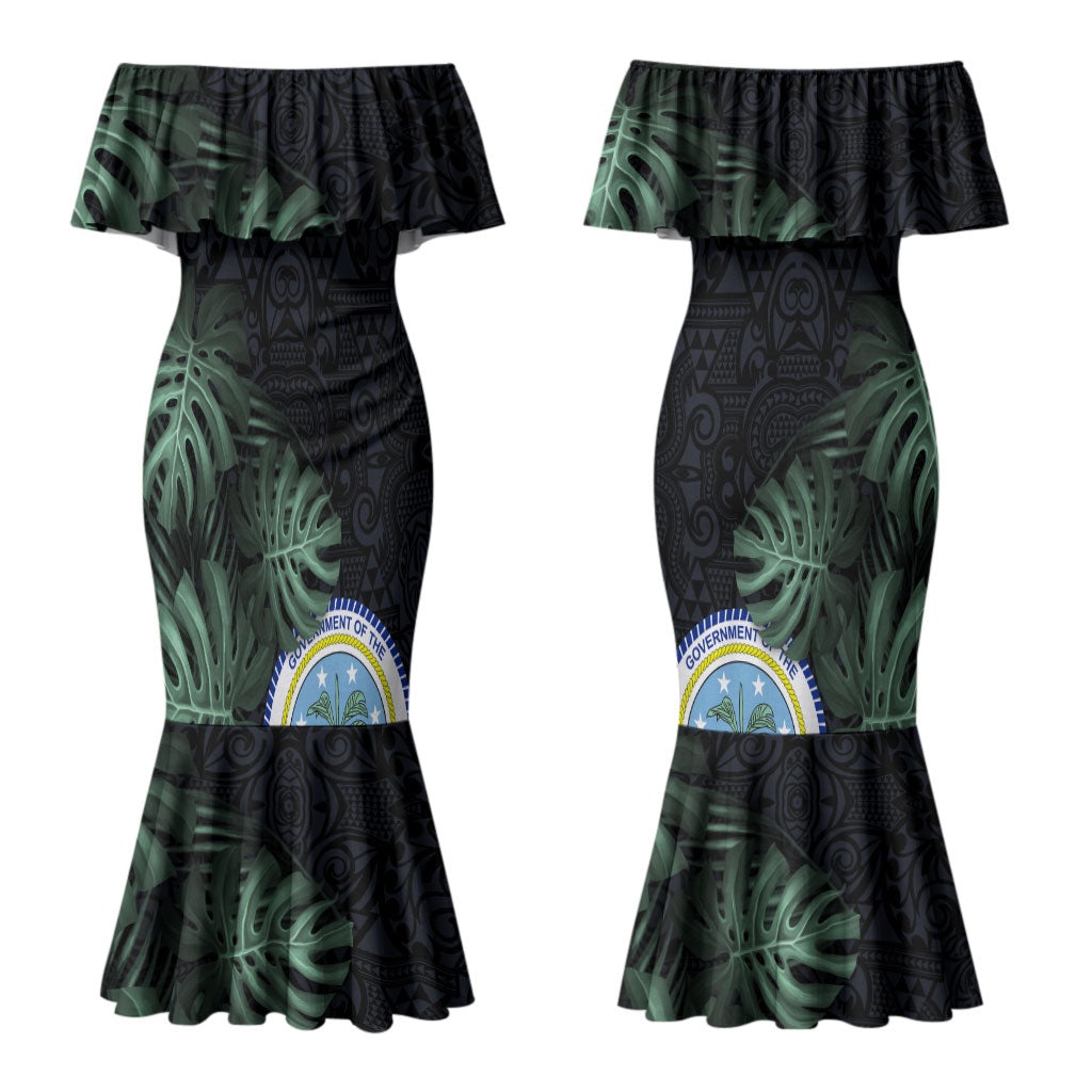 Federated States Of Micronesia Couples Matching Mermaid Dress and Long Sleeve Button Shirt FSM Tropical Monstera Leaf Dark Tribal Pattern TS04 - Polynesian Pride