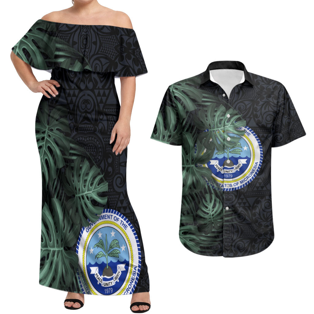 Federated States Of Micronesia Couples Matching Off Shoulder Maxi Dress and Hawaiian Shirt FSM Tropical Monstera Leaf Dark Tribal Pattern TS04 Black Green - Polynesian Pride