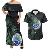 Federated States Of Micronesia Couples Matching Off Shoulder Maxi Dress and Hawaiian Shirt FSM Tropical Monstera Leaf Dark Tribal Pattern TS04 Black Green - Polynesian Pride