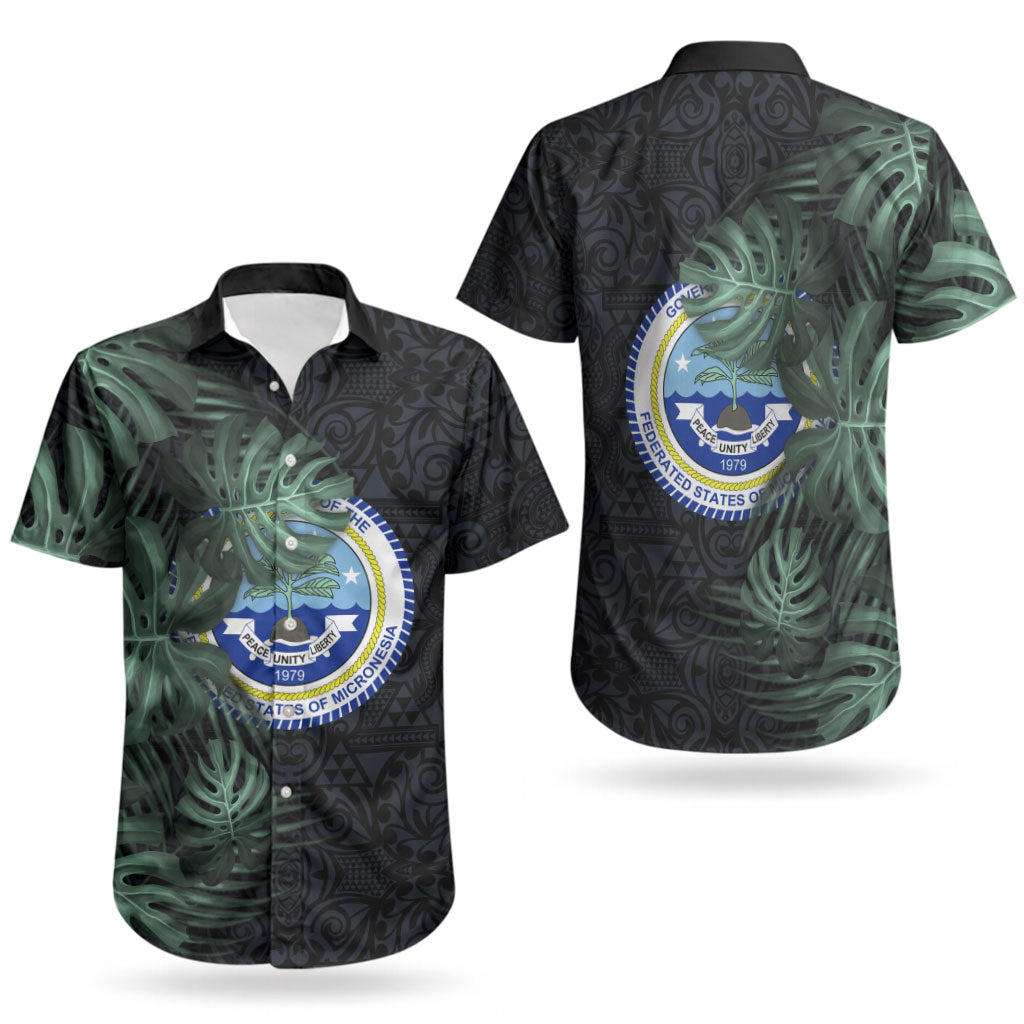 Federated States Of Micronesia Couples Matching Off Shoulder Maxi Dress and Hawaiian Shirt FSM Tropical Monstera Leaf Dark Tribal Pattern TS04 - Polynesian Pride