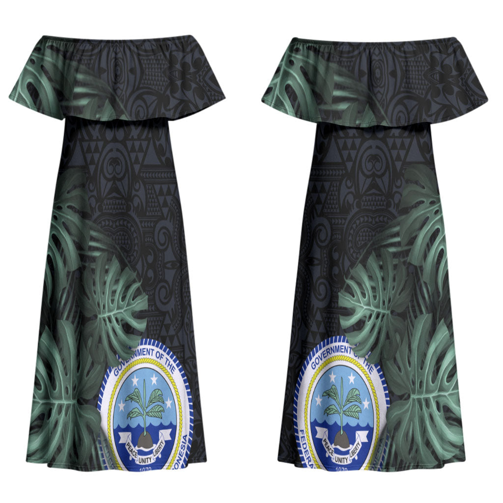 Federated States Of Micronesia Couples Matching Off Shoulder Maxi Dress and Hawaiian Shirt FSM Tropical Monstera Leaf Dark Tribal Pattern TS04 - Polynesian Pride