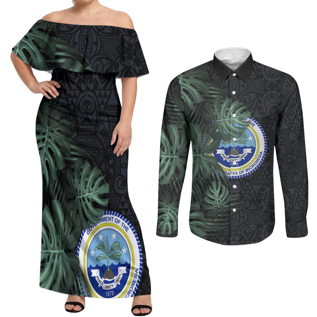 Federated States Of Micronesia Couples Matching Off Shoulder Maxi Dress and Long Sleeve Button Shirt FSM Tropical Monstera Leaf Dark Tribal Pattern TS04 Black Green - Polynesian Pride