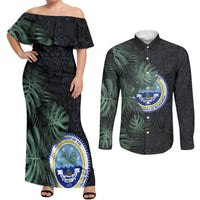 Federated States Of Micronesia Couples Matching Off Shoulder Maxi Dress and Long Sleeve Button Shirt FSM Tropical Monstera Leaf Dark Tribal Pattern TS04 Black Green - Polynesian Pride