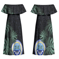 Federated States Of Micronesia Couples Matching Off Shoulder Maxi Dress and Long Sleeve Button Shirt FSM Tropical Monstera Leaf Dark Tribal Pattern TS04 - Polynesian Pride