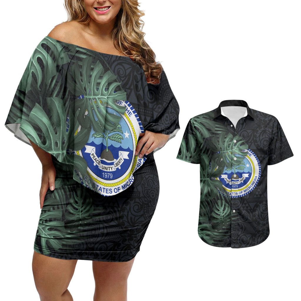 Federated States Of Micronesia Couples Matching Off Shoulder Short Dress and Hawaiian Shirt FSM Tropical Monstera Leaf Dark Tribal Pattern TS04 Black Green - Polynesian Pride