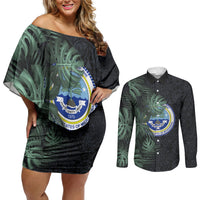 Federated States Of Micronesia Couples Matching Off Shoulder Short Dress and Long Sleeve Button Shirt FSM Tropical Monstera Leaf Dark Tribal Pattern TS04 Black Green - Polynesian Pride