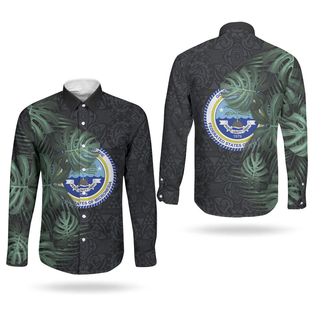 Federated States Of Micronesia Couples Matching Off Shoulder Short Dress and Long Sleeve Button Shirt FSM Tropical Monstera Leaf Dark Tribal Pattern TS04 - Polynesian Pride