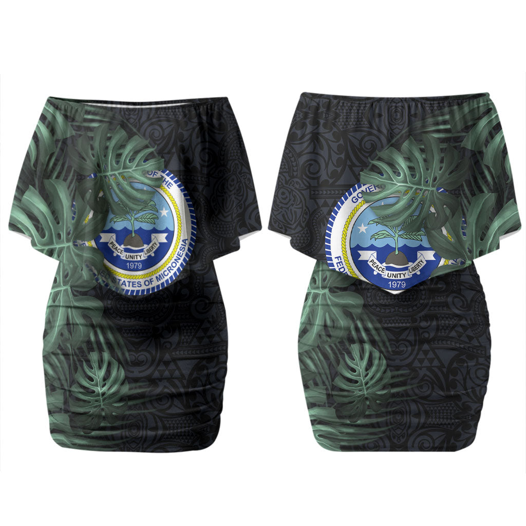 Federated States Of Micronesia Couples Matching Off Shoulder Short Dress and Long Sleeve Button Shirt FSM Tropical Monstera Leaf Dark Tribal Pattern TS04 - Polynesian Pride