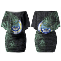 Federated States Of Micronesia Couples Matching Off Shoulder Short Dress and Long Sleeve Button Shirt FSM Tropical Monstera Leaf Dark Tribal Pattern TS04 - Polynesian Pride