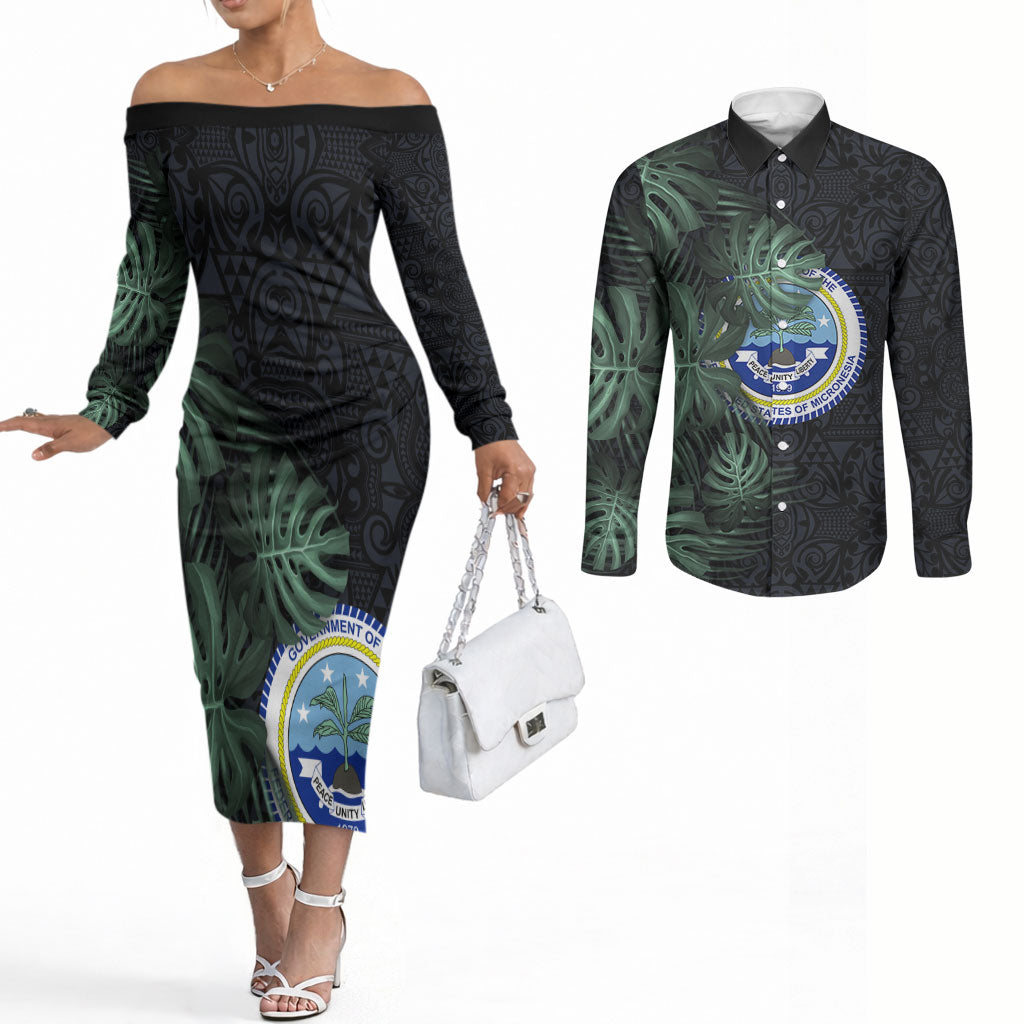 Federated States Of Micronesia Couples Matching Off The Shoulder Long Sleeve Dress and Long Sleeve Button Shirt FSM Tropical Monstera Leaf Dark Tribal Pattern TS04 Black Green - Polynesian Pride