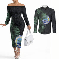 Federated States Of Micronesia Couples Matching Off The Shoulder Long Sleeve Dress and Long Sleeve Button Shirt FSM Tropical Monstera Leaf Dark Tribal Pattern TS04 Black Green - Polynesian Pride