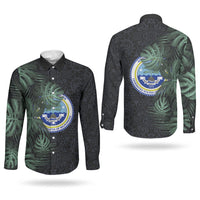 Federated States Of Micronesia Couples Matching Off The Shoulder Long Sleeve Dress and Long Sleeve Button Shirt FSM Tropical Monstera Leaf Dark Tribal Pattern TS04 - Polynesian Pride