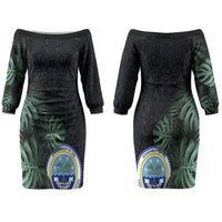Federated States Of Micronesia Couples Matching Off The Shoulder Long Sleeve Dress and Long Sleeve Button Shirt FSM Tropical Monstera Leaf Dark Tribal Pattern TS04 - Polynesian Pride