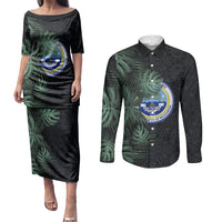 Federated States Of Micronesia Couples Matching Puletasi and Long Sleeve Button Shirt FSM Tropical Monstera Leaf Dark Tribal Pattern TS04 Black Green - Polynesian Pride