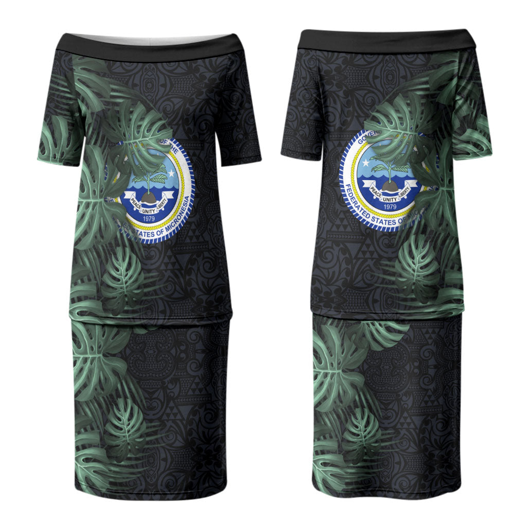 Federated States Of Micronesia Couples Matching Puletasi and Long Sleeve Button Shirt FSM Tropical Monstera Leaf Dark Tribal Pattern TS04 - Polynesian Pride