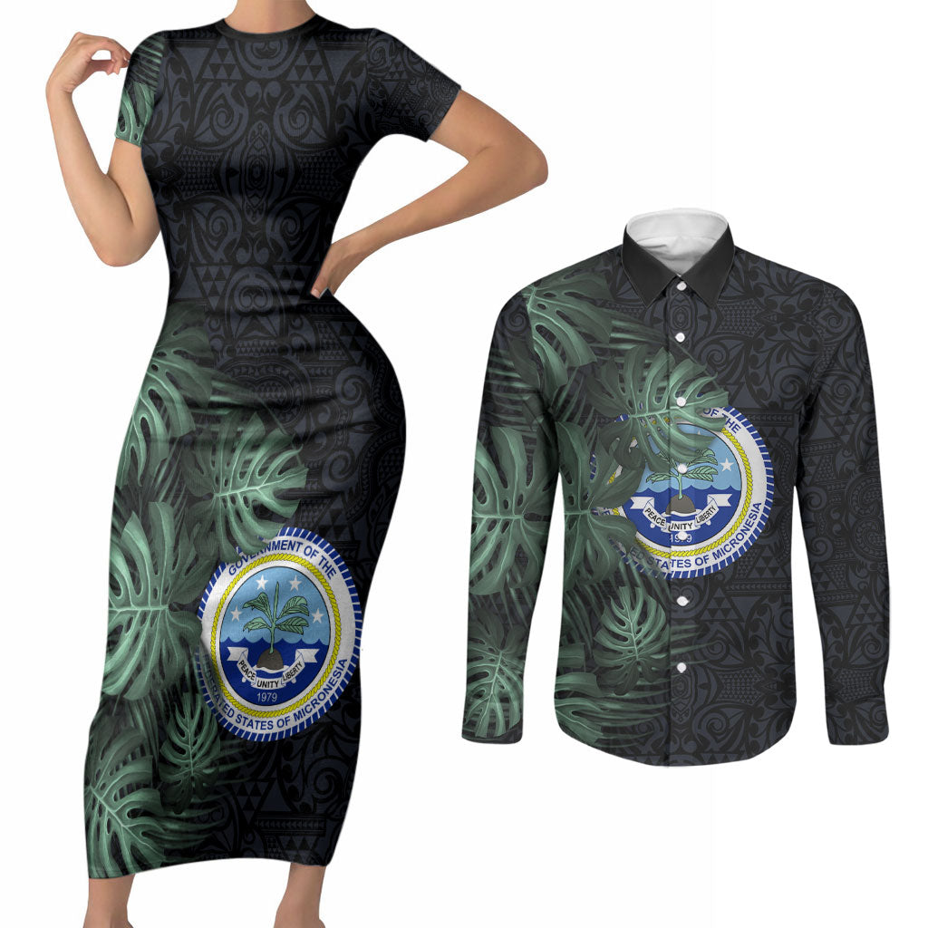 Federated States Of Micronesia Couples Matching Short Sleeve Bodycon Dress and Long Sleeve Button Shirt FSM Tropical Monstera Leaf Dark Tribal Pattern TS04 Black Green - Polynesian Pride