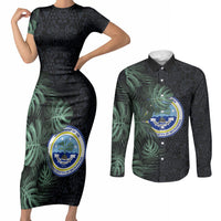 Federated States Of Micronesia Couples Matching Short Sleeve Bodycon Dress and Long Sleeve Button Shirt FSM Tropical Monstera Leaf Dark Tribal Pattern TS04 Black Green - Polynesian Pride