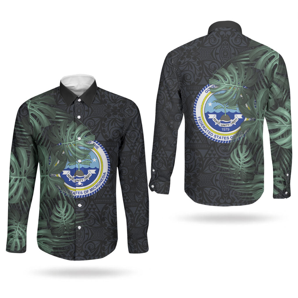 Federated States Of Micronesia Couples Matching Short Sleeve Bodycon Dress and Long Sleeve Button Shirt FSM Tropical Monstera Leaf Dark Tribal Pattern TS04 - Polynesian Pride