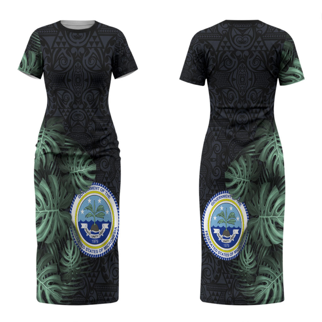 Federated States Of Micronesia Couples Matching Short Sleeve Bodycon Dress and Long Sleeve Button Shirt FSM Tropical Monstera Leaf Dark Tribal Pattern TS04 - Polynesian Pride